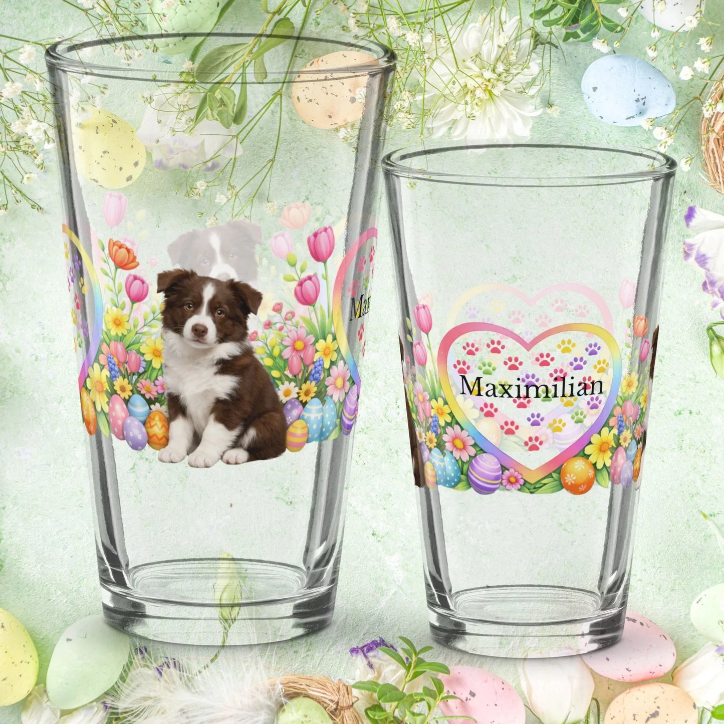 Shop our border collie chocolate white easter puppy pint glass featuring the 16oz style option from MySisterIsASurvivor.