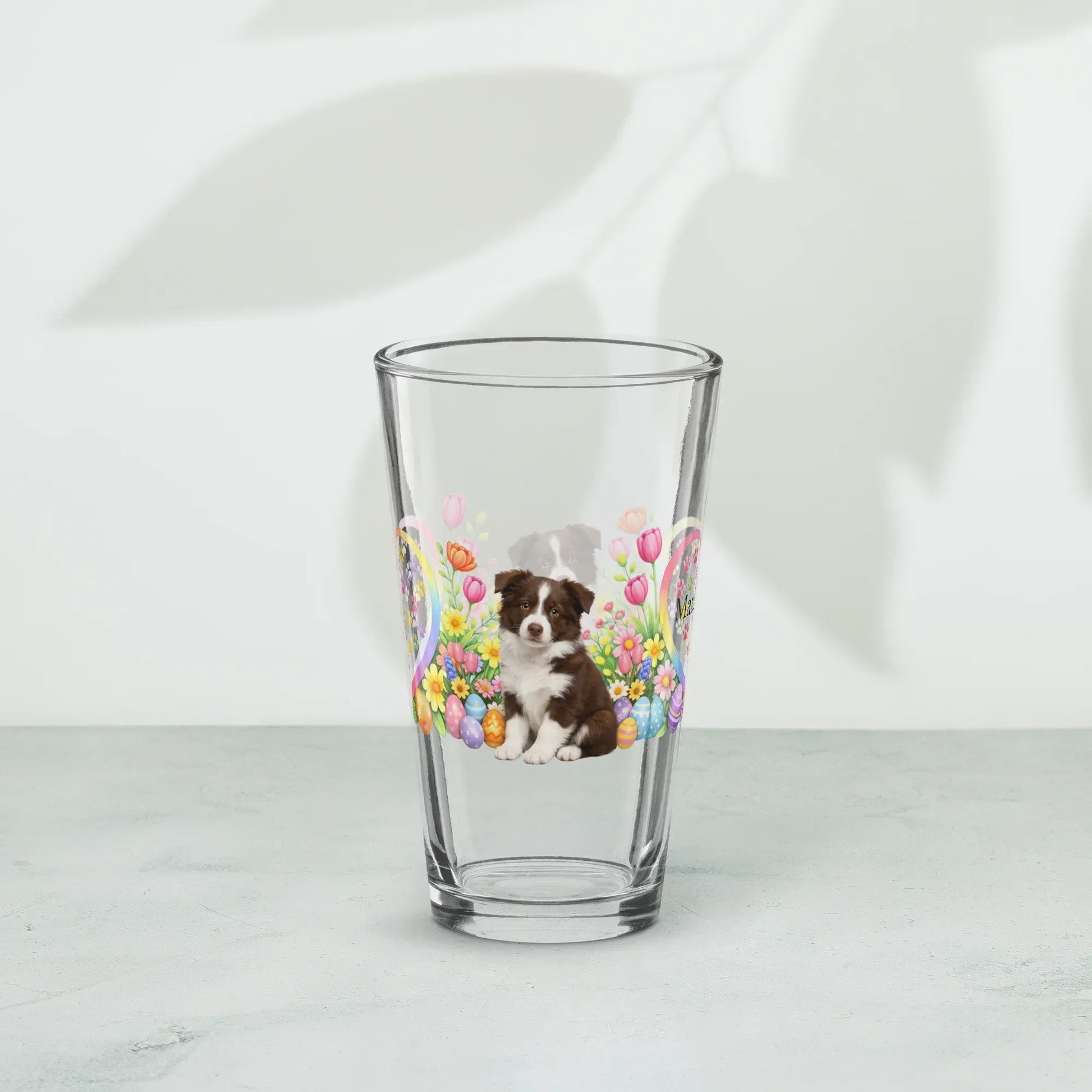 Shop our premium border collie chocolate white easter puppy pint glass from MySisterIsASurvivor.