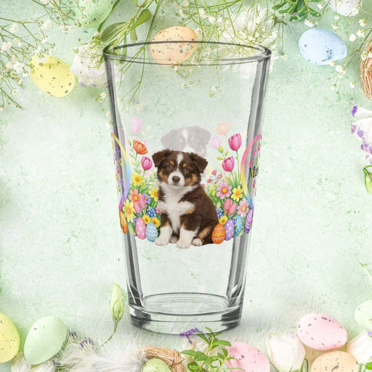 Shop our premium border collie brown tricolor easter puppy pint glass from MySisterIsASurvivor.