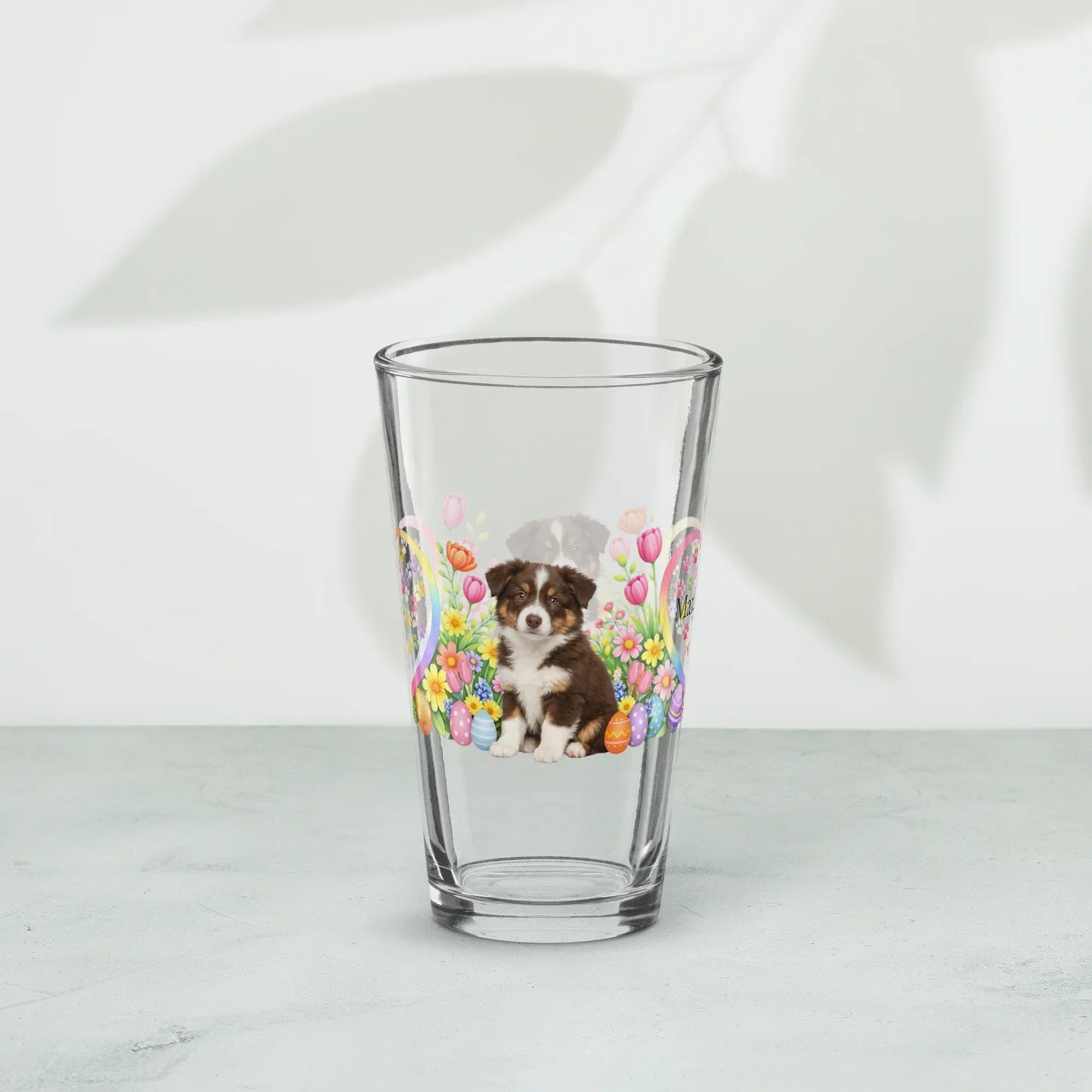 Shop our premium border collie brown tricolor easter puppy pint glass from MySisterIsASurvivor.