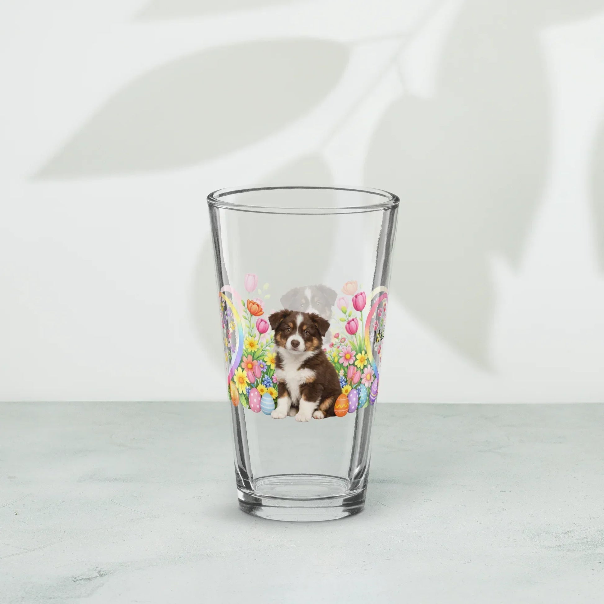 Shop our premium border collie brown tricolor easter puppy pint glass from MySisterIsASurvivor.