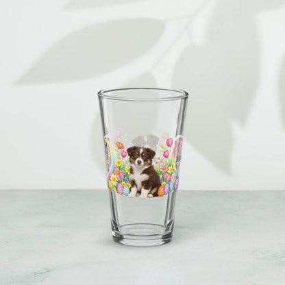 Shop our premium border collie brown tricolor easter puppy pint glass from MySisterIsASurvivor.