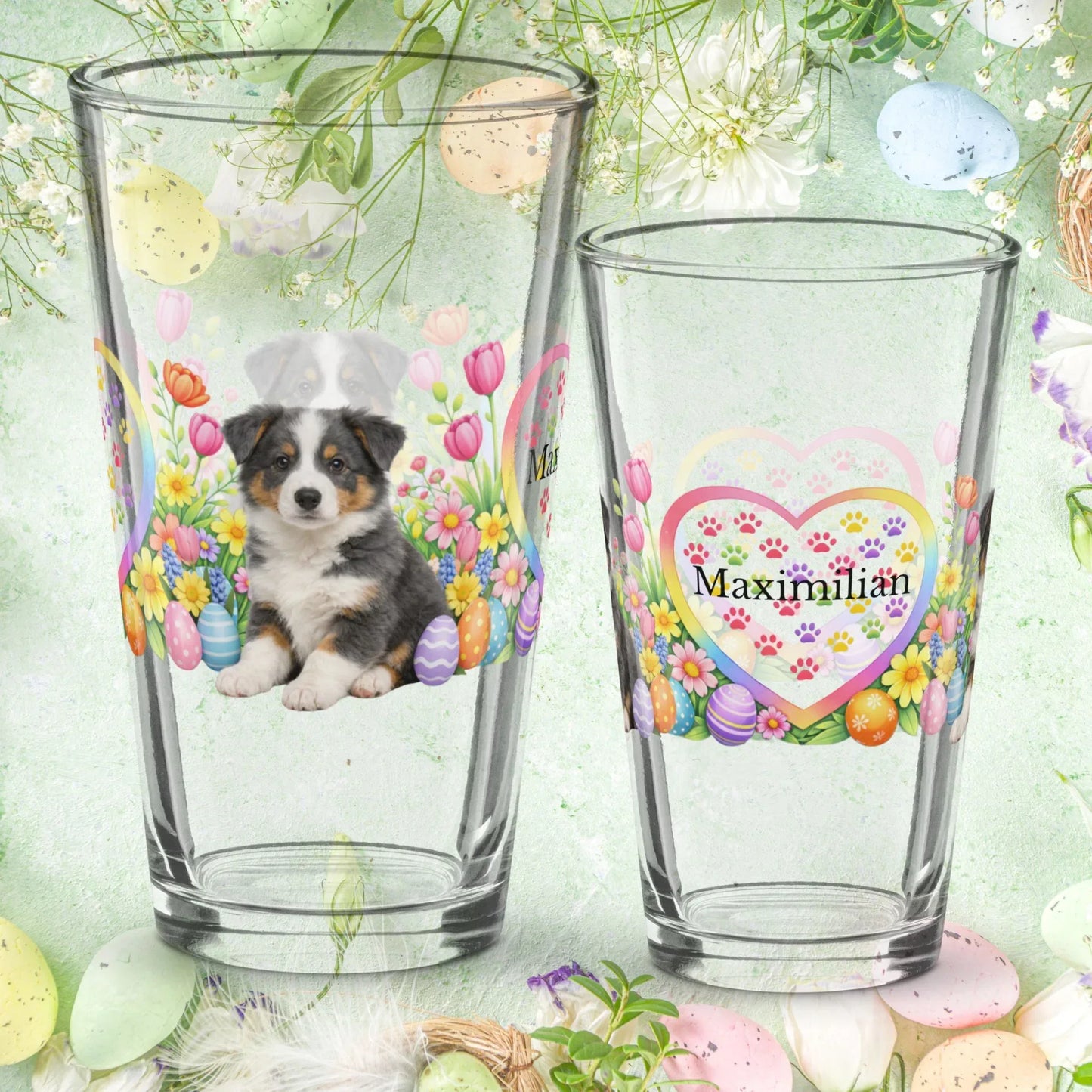 Shop our border collie blue tricolor easter puppy pint glass featuring the 16oz style option from MySisterIsASurvivor.