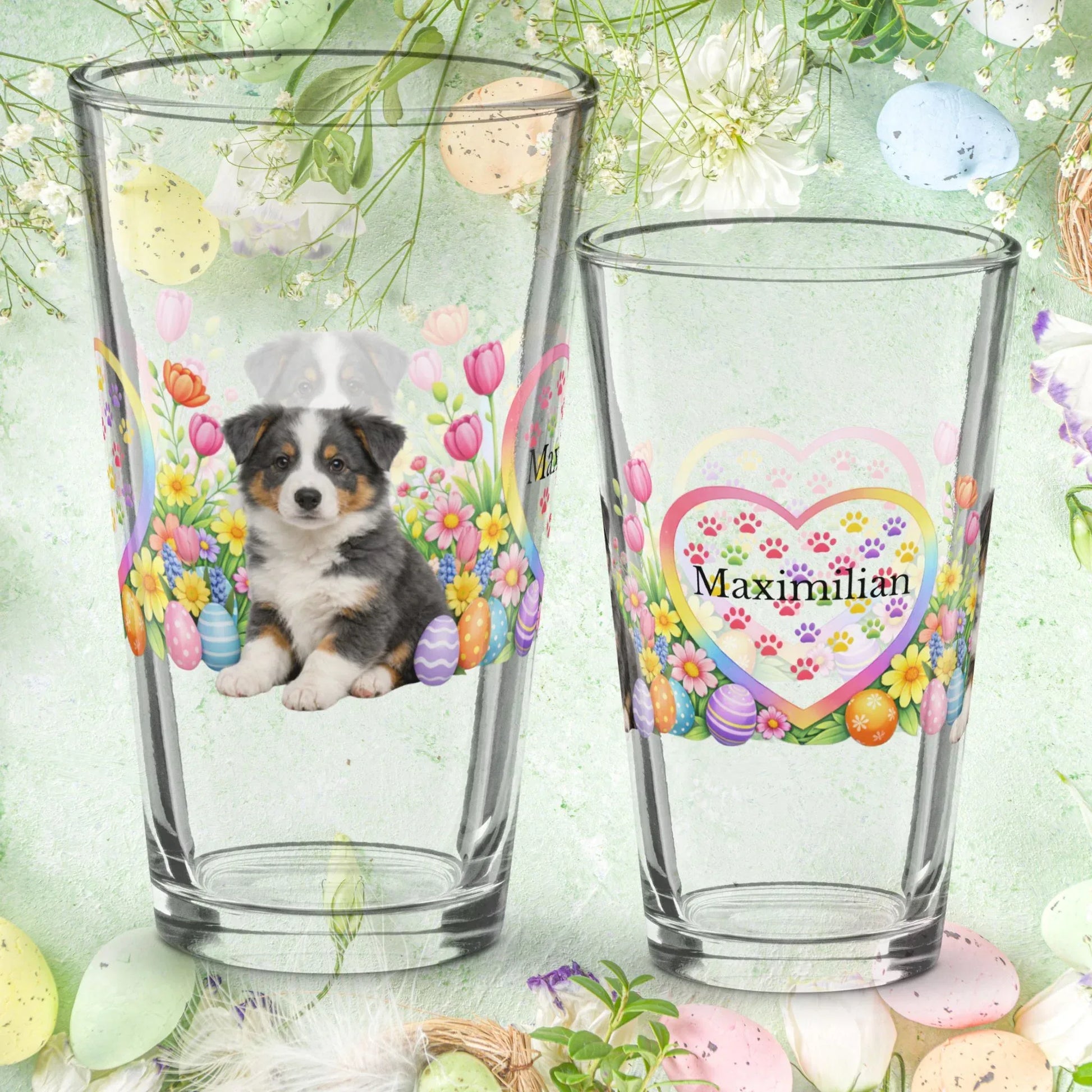 Shop our border collie blue tricolor easter puppy pint glass featuring the 16oz style option from MySisterIsASurvivor.