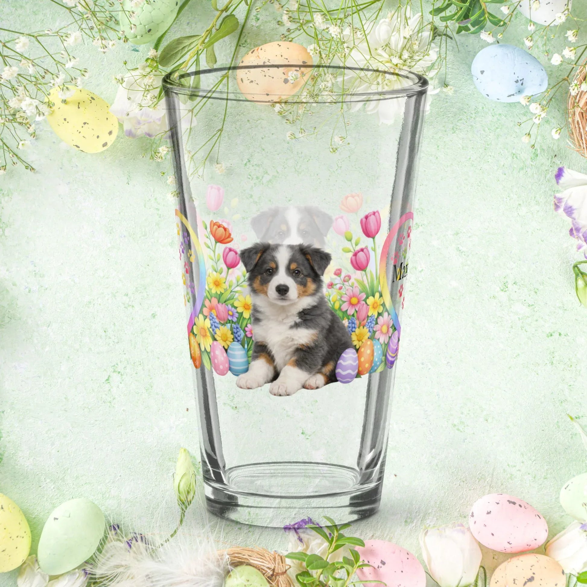 Shop our premium border collie blue tricolor easter puppy pint glass from MySisterIsASurvivor.