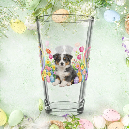 Shop our premium border collie blue tricolor easter puppy pint glass from MySisterIsASurvivor.