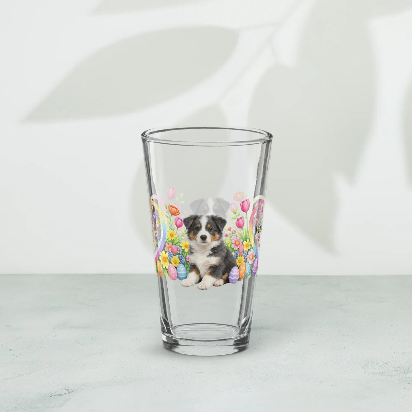 Shop our premium border collie blue tricolor easter puppy pint glass from MySisterIsASurvivor.