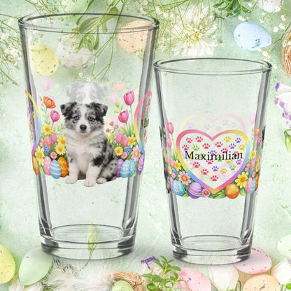 Shop our border collie blue merle easter puppy pint glass featuring the 16oz style option from MySisterIsASurvivor.