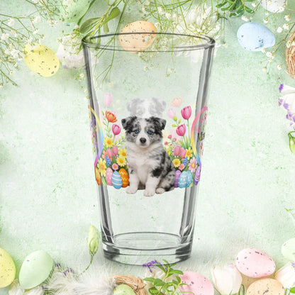 Shop our premium border collie blue merle easter puppy pint glass from MySisterIsASurvivor.