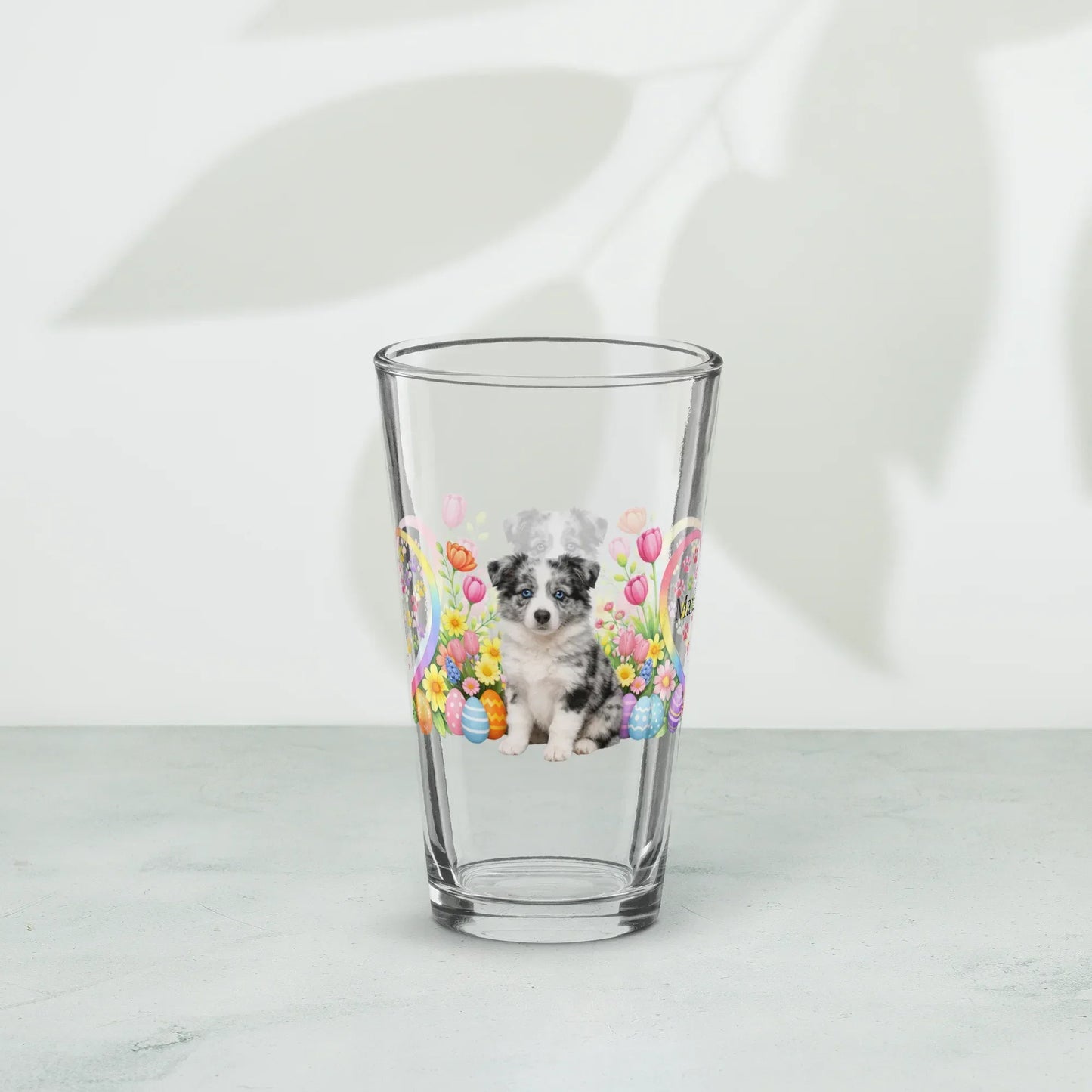 Shop our premium border collie blue merle easter puppy pint glass from MySisterIsASurvivor.
