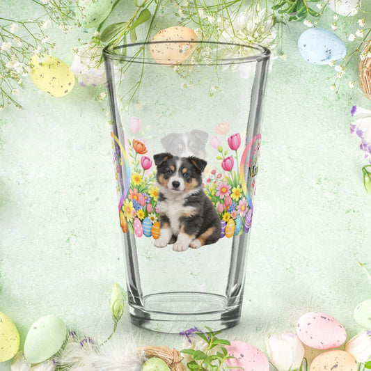 Shop our premium border collie black tricolor easter puppy pint glass from MySisterIsASurvivor.