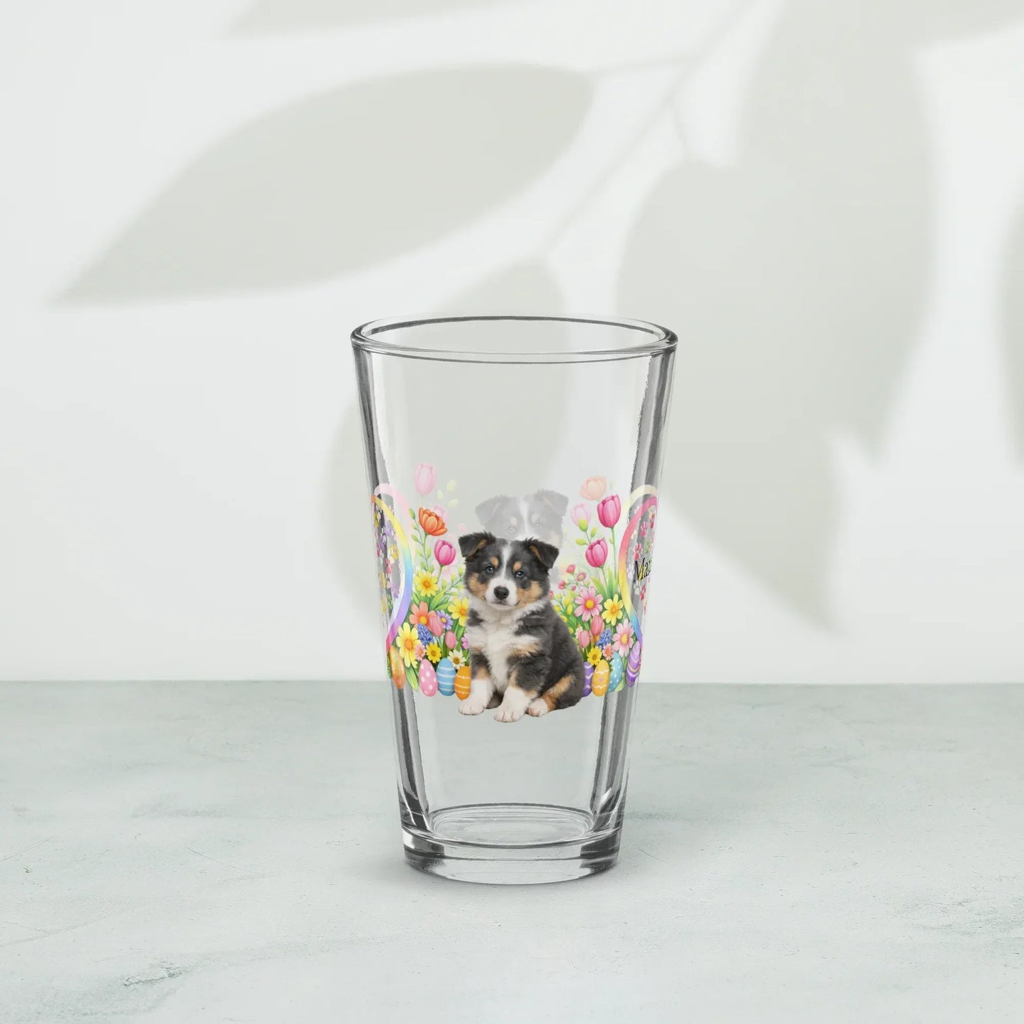 Shop our premium border collie black tricolor easter puppy pint glass from MySisterIsASurvivor.