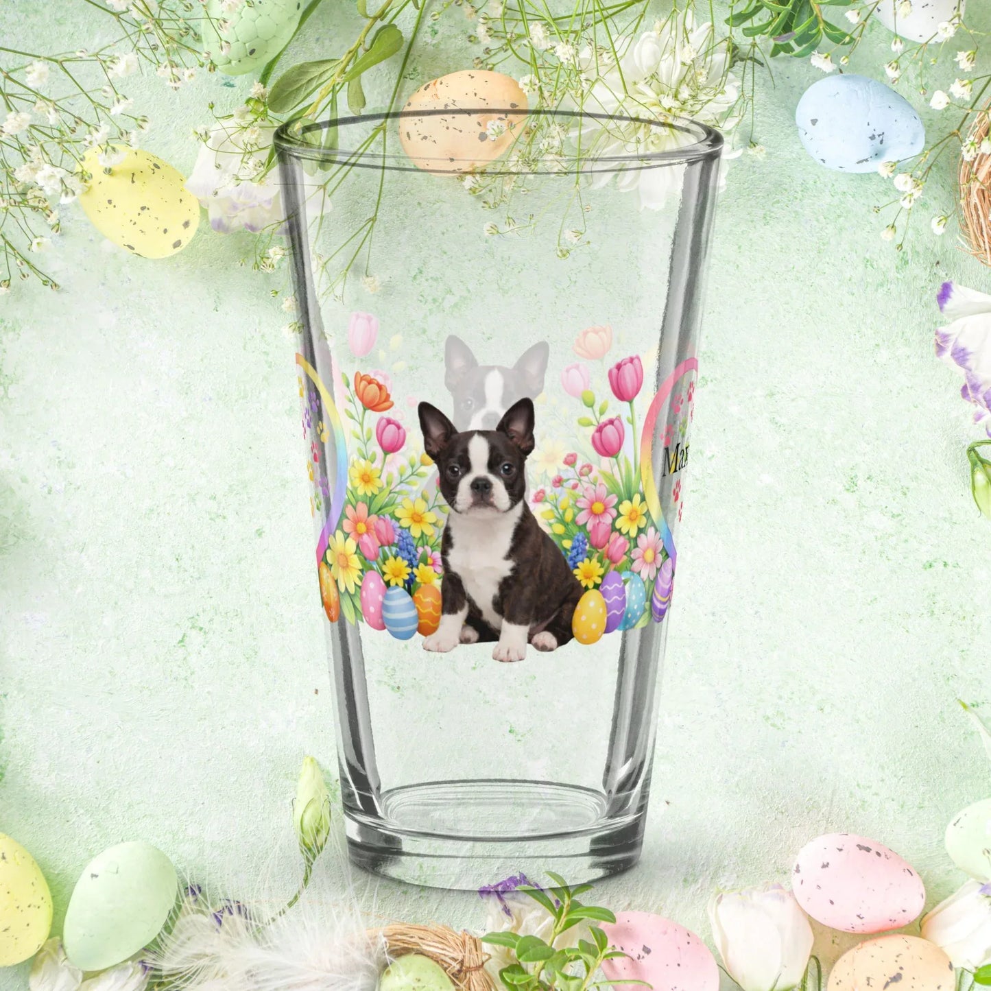 Shop our premium boston terrier seal brindle and white easter puppy pint glass from MySisterIsASurvivor.