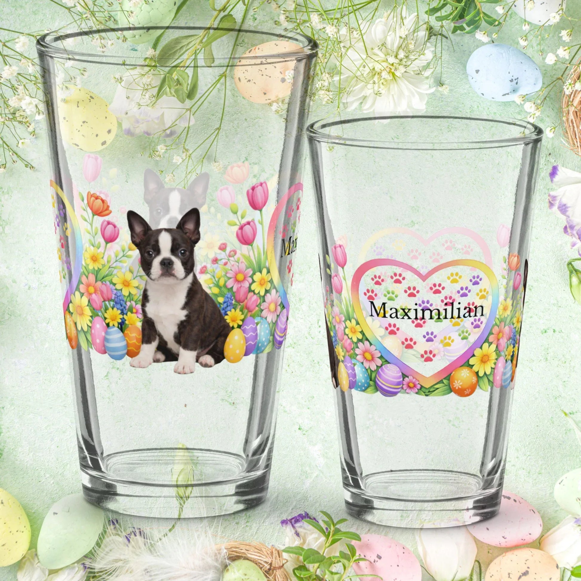 Shop our boston terrier seal brindle and white easter puppy pint glass featuring the 16oz style option from MySisterIsASurvivor.