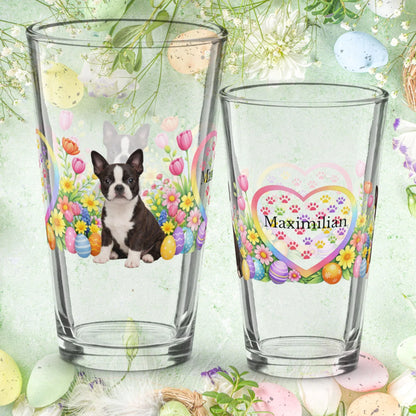 Shop our boston terrier seal brindle and white easter puppy pint glass featuring the 16oz style option from MySisterIsASurvivor.