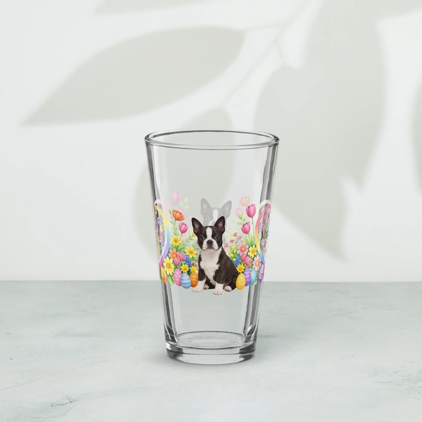Shop our premium boston terrier seal brindle and white easter puppy pint glass from MySisterIsASurvivor.