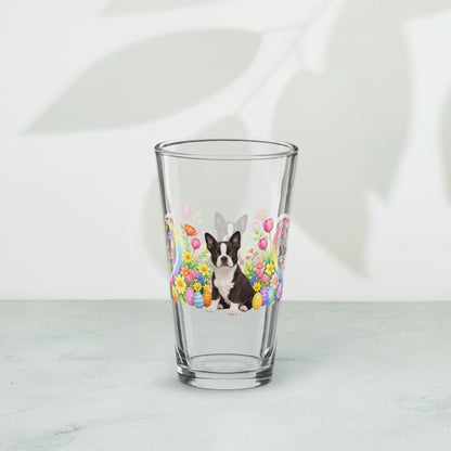 Shop our premium boston terrier seal brindle and white easter puppy pint glass from MySisterIsASurvivor.