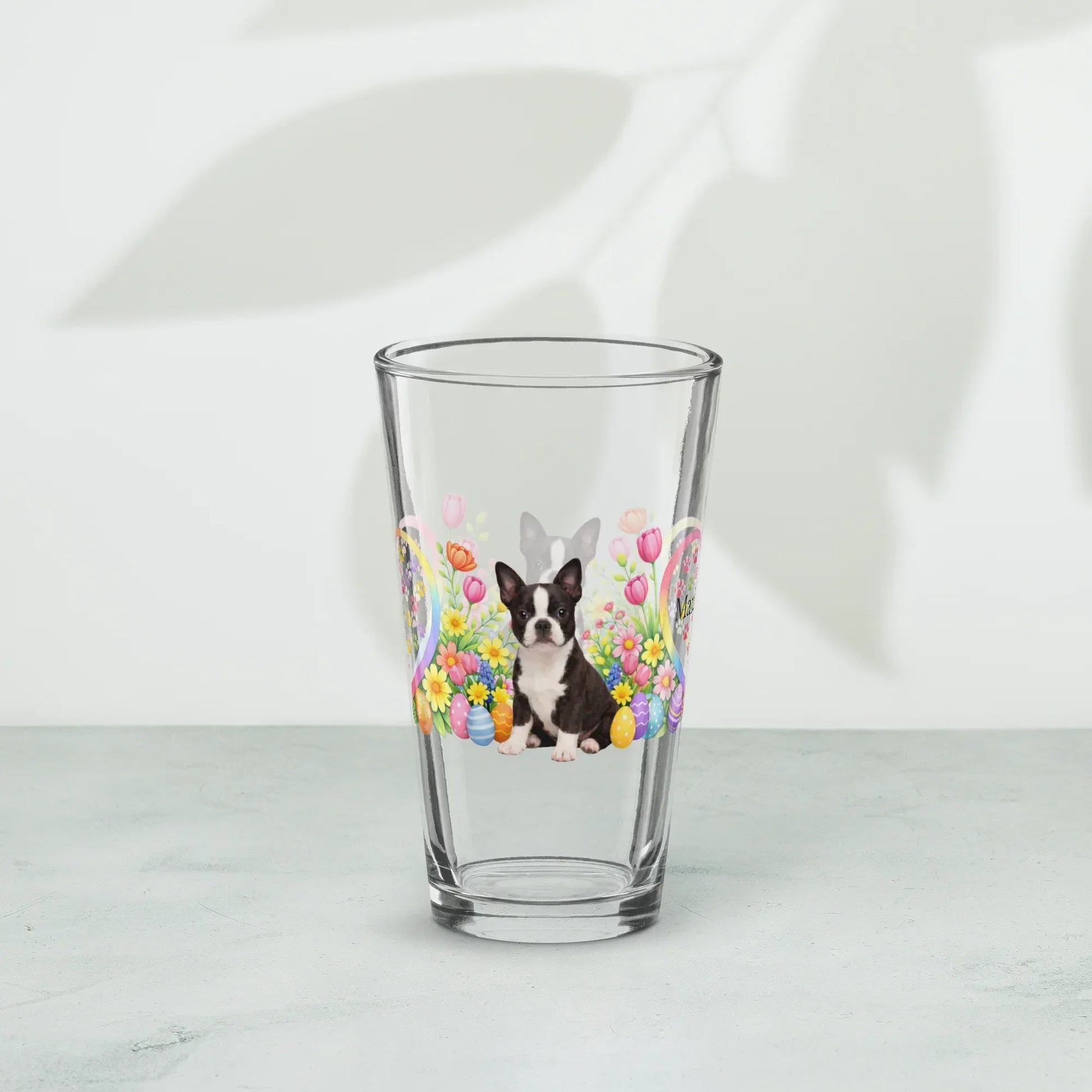 Shop our premium boston terrier seal and white easter puppy pint glass from MySisterIsASurvivor.