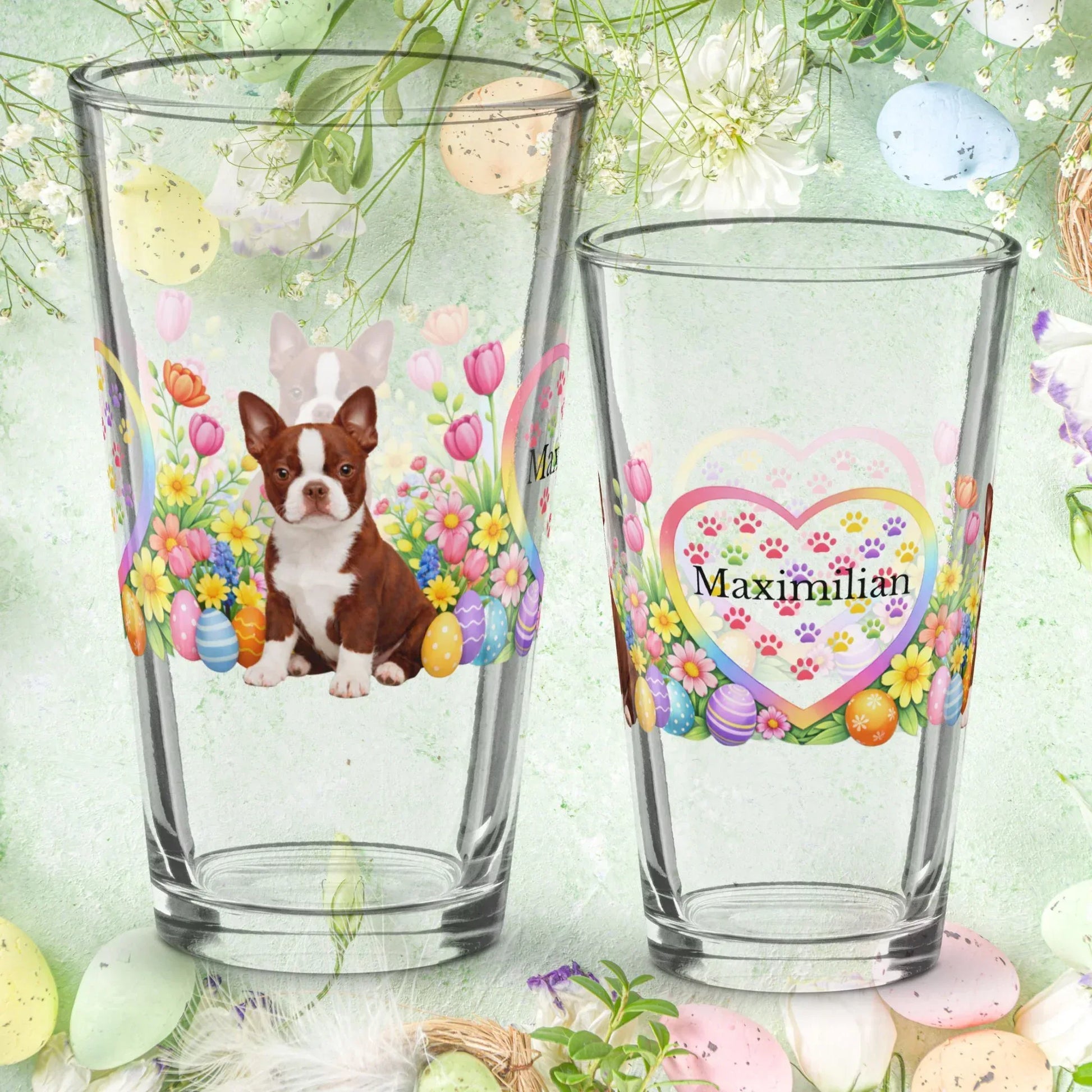 Shop our boston terrier red and white easter puppy pint glass featuring the 16oz style option from MySisterIsASurvivor.