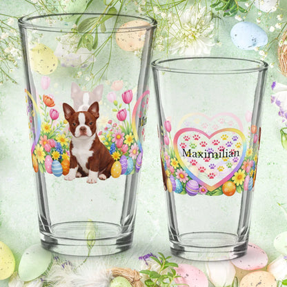 Shop our boston terrier red and white easter puppy pint glass featuring the 16oz style option from MySisterIsASurvivor.