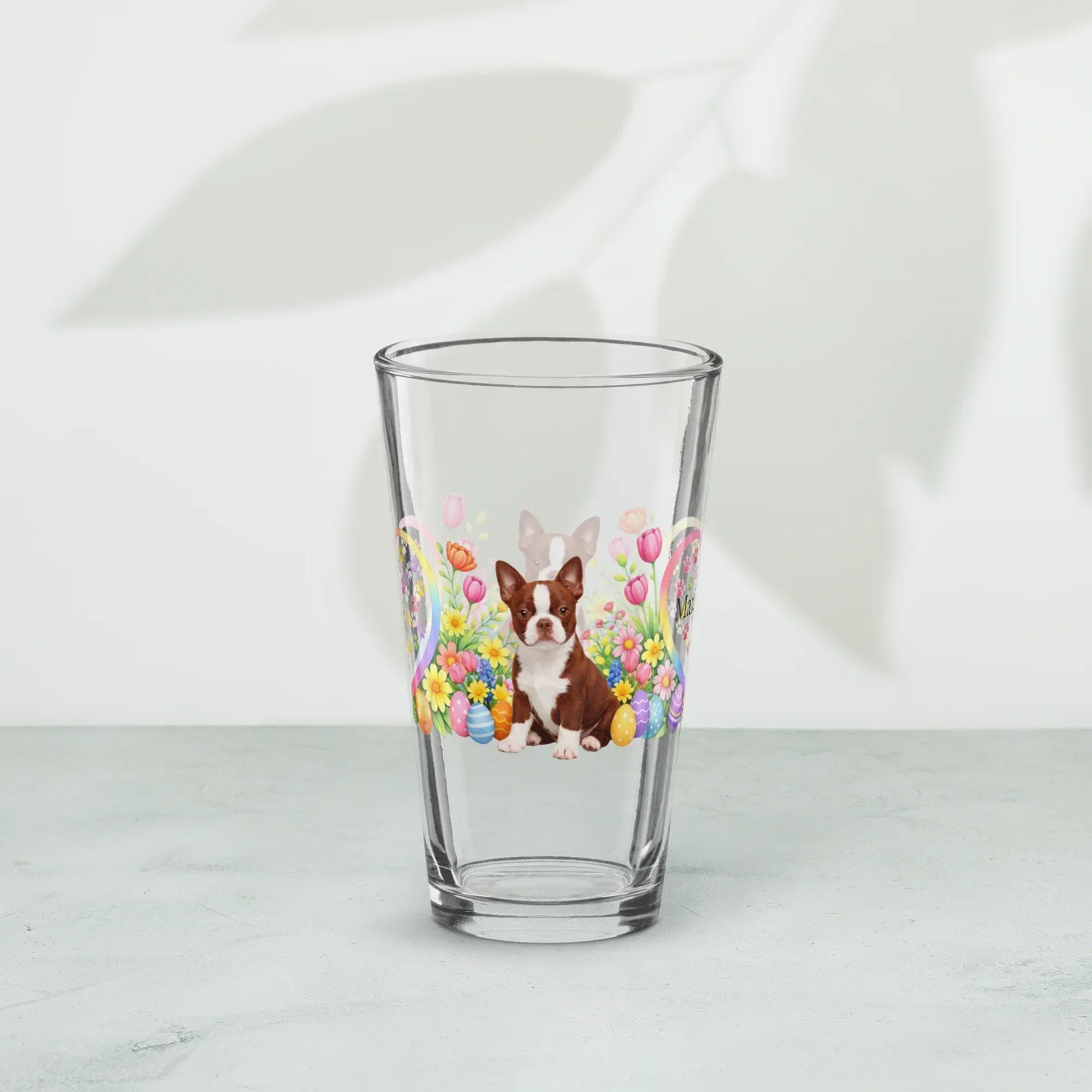 Shop our premium boston terrier red and white easter puppy pint glass from MySisterIsASurvivor.