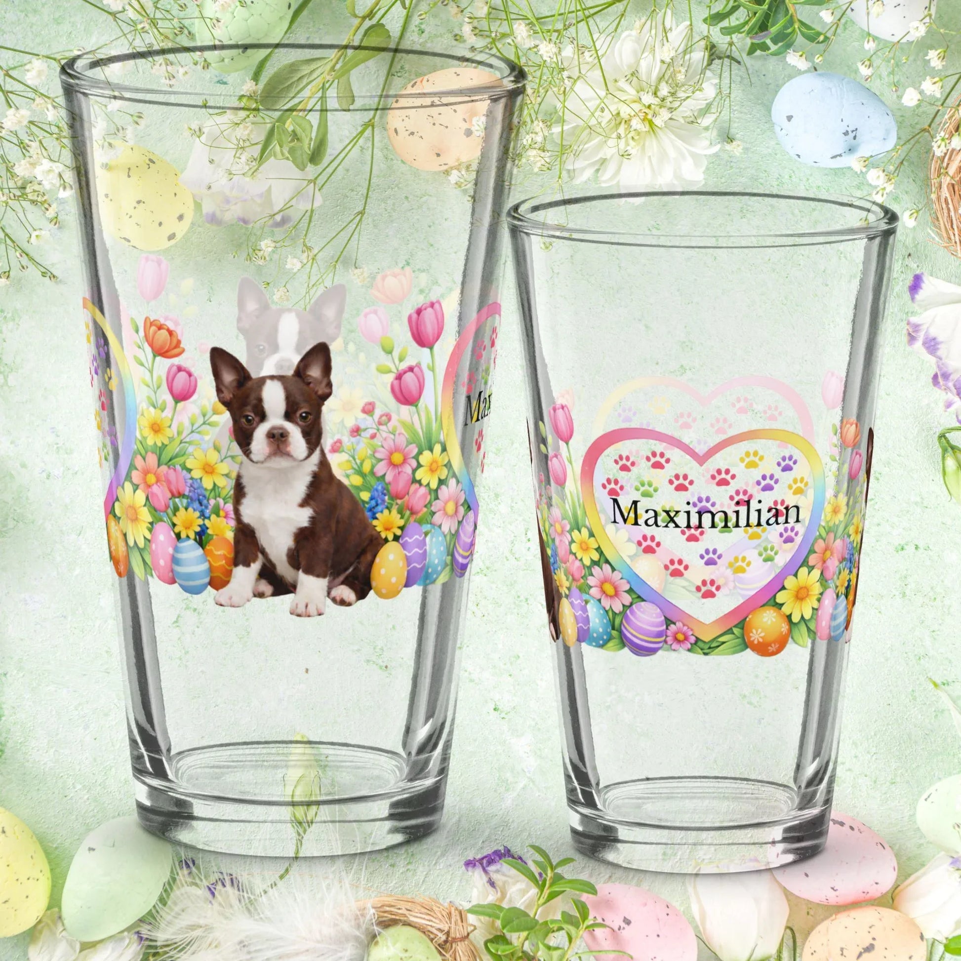 Shop our boston terrier chocolate and white easter puppy pint glass featuring the 16oz style option from MySisterIsASurvivor.