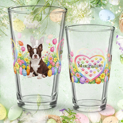 Shop our boston terrier chocolate and white easter puppy pint glass featuring the 16oz style option from MySisterIsASurvivor.