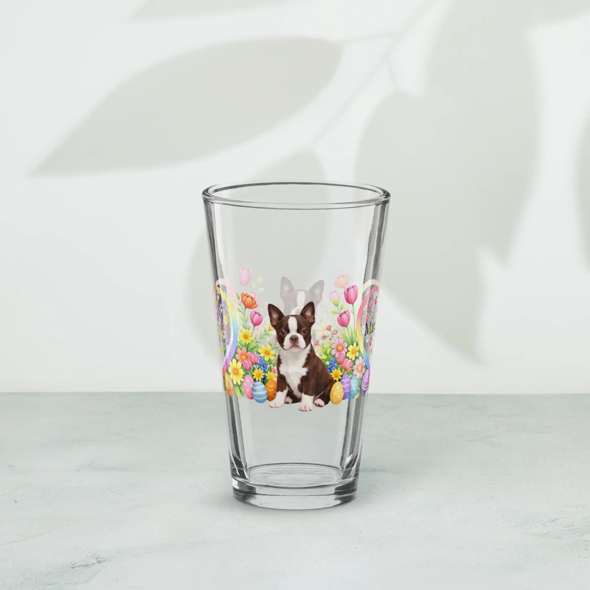 Shop our premium boston terrier chocolate and white easter puppy pint glass from MySisterIsASurvivor.