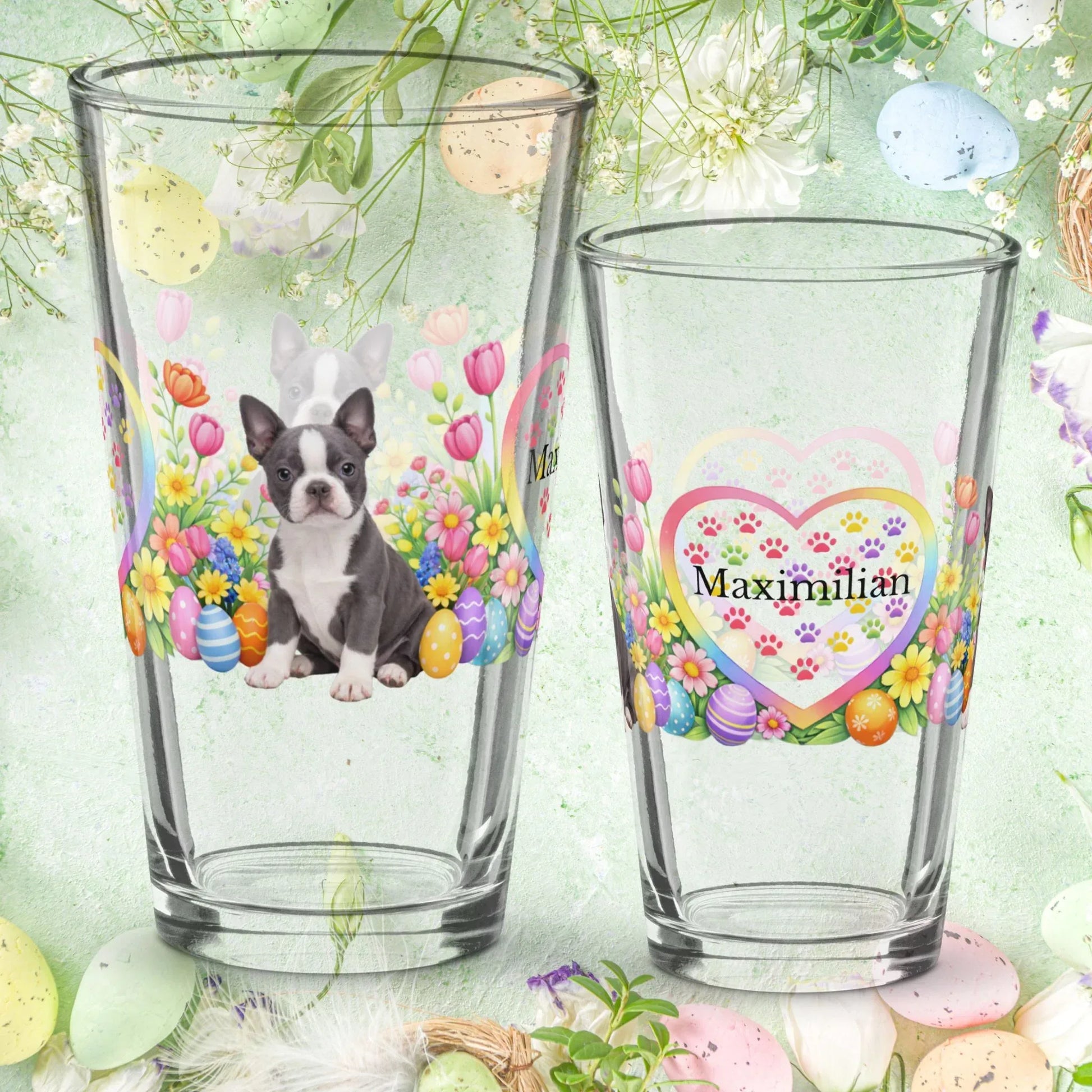 Shop our boston terrier blue and white easter puppy pint glass featuring the 16oz style option from MySisterIsASurvivor.
