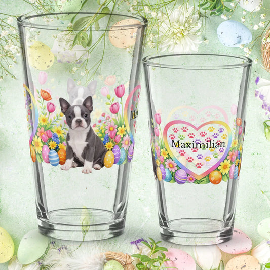 Shop our boston terrier blue and white easter puppy pint glass featuring the 16oz style option from MySisterIsASurvivor.