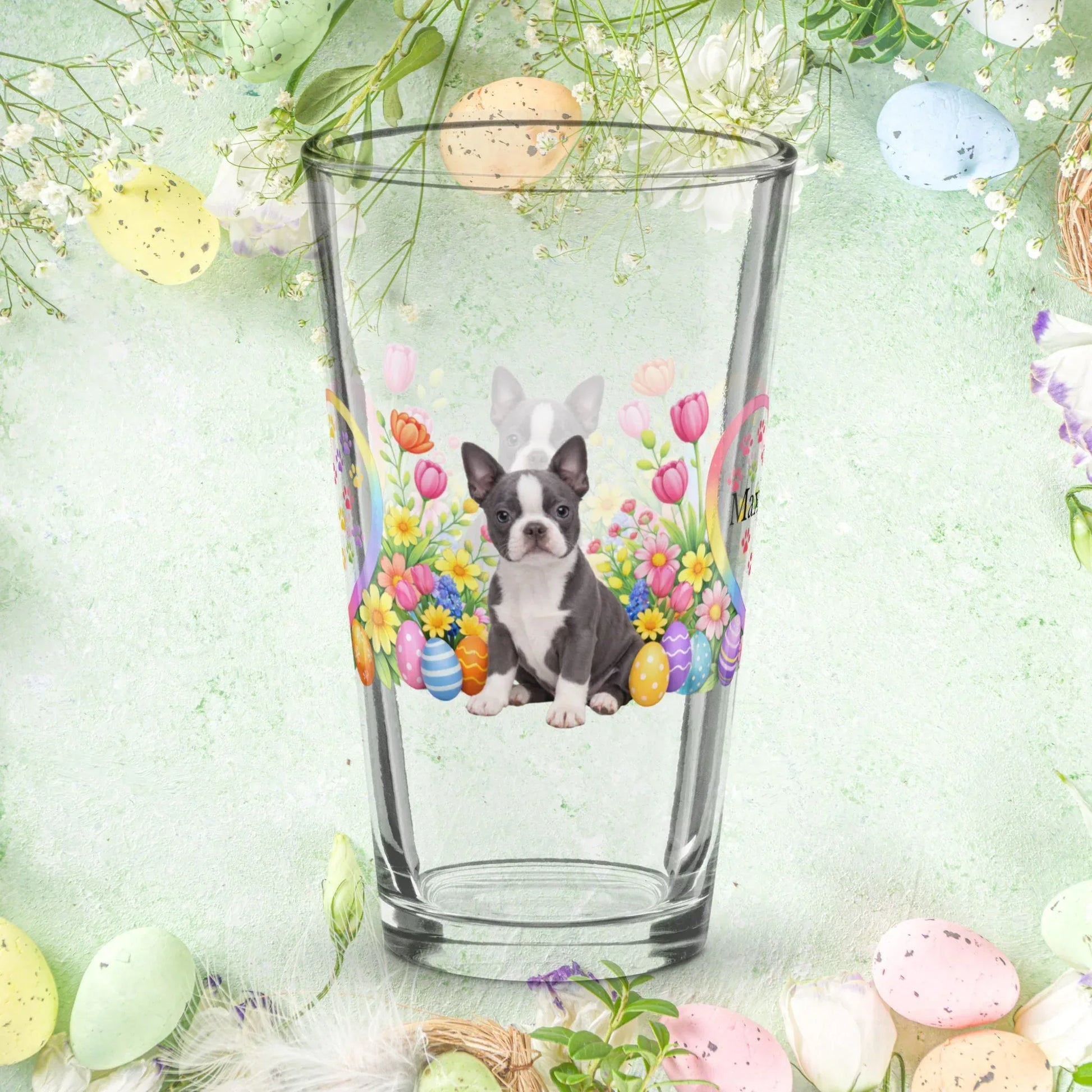 Shop our premium boston terrier blue and white easter puppy pint glass from MySisterIsASurvivor.