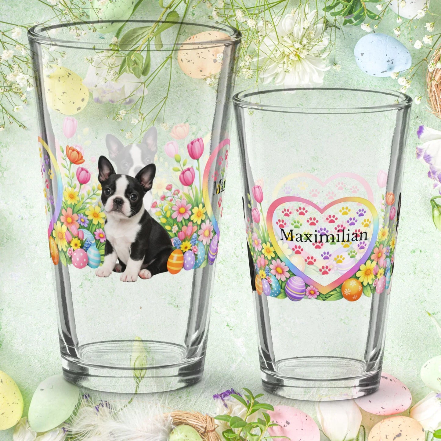 Shop our boston terrier black and white easter puppy pint glass featuring the 16oz style option from MySisterIsASurvivor.