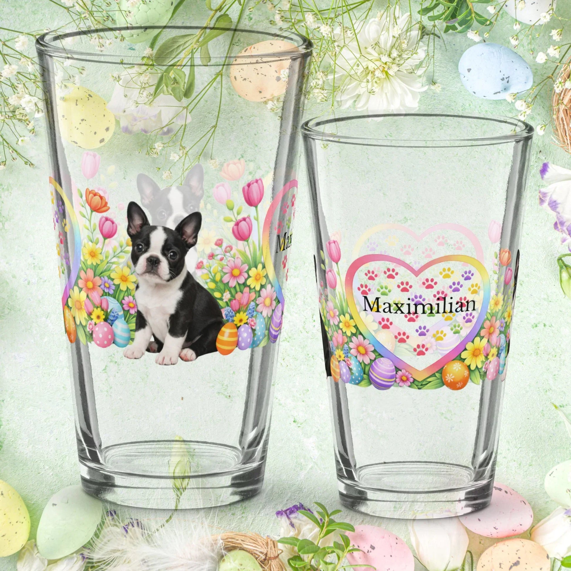 Shop our boston terrier black and white easter puppy pint glass featuring the 16oz style option from MySisterIsASurvivor.