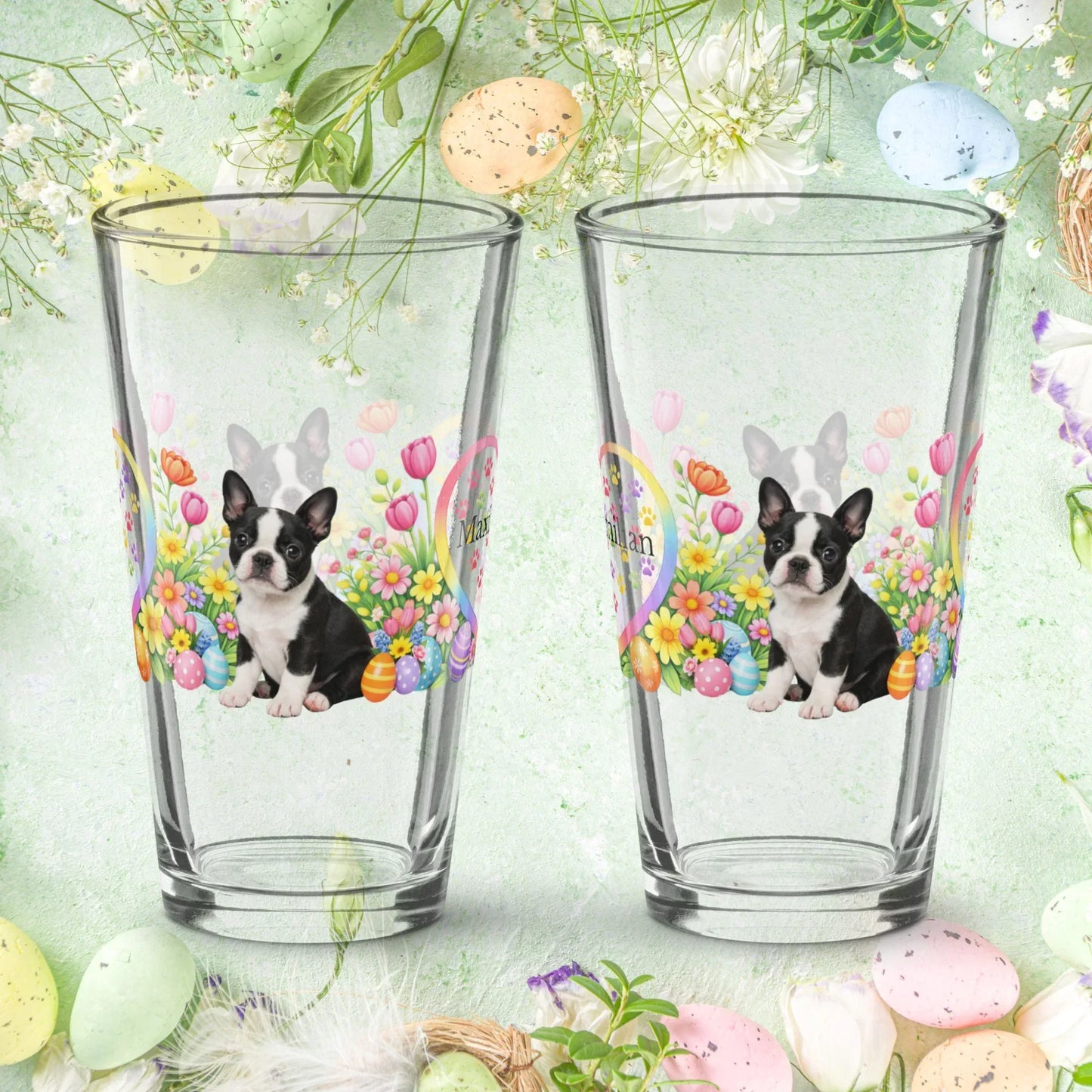 Shop our premium boston terrier black and white easter puppy pint glass from MySisterIsASurvivor.