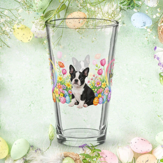 Shop our premium boston terrier black and white easter puppy pint glass from MySisterIsASurvivor.