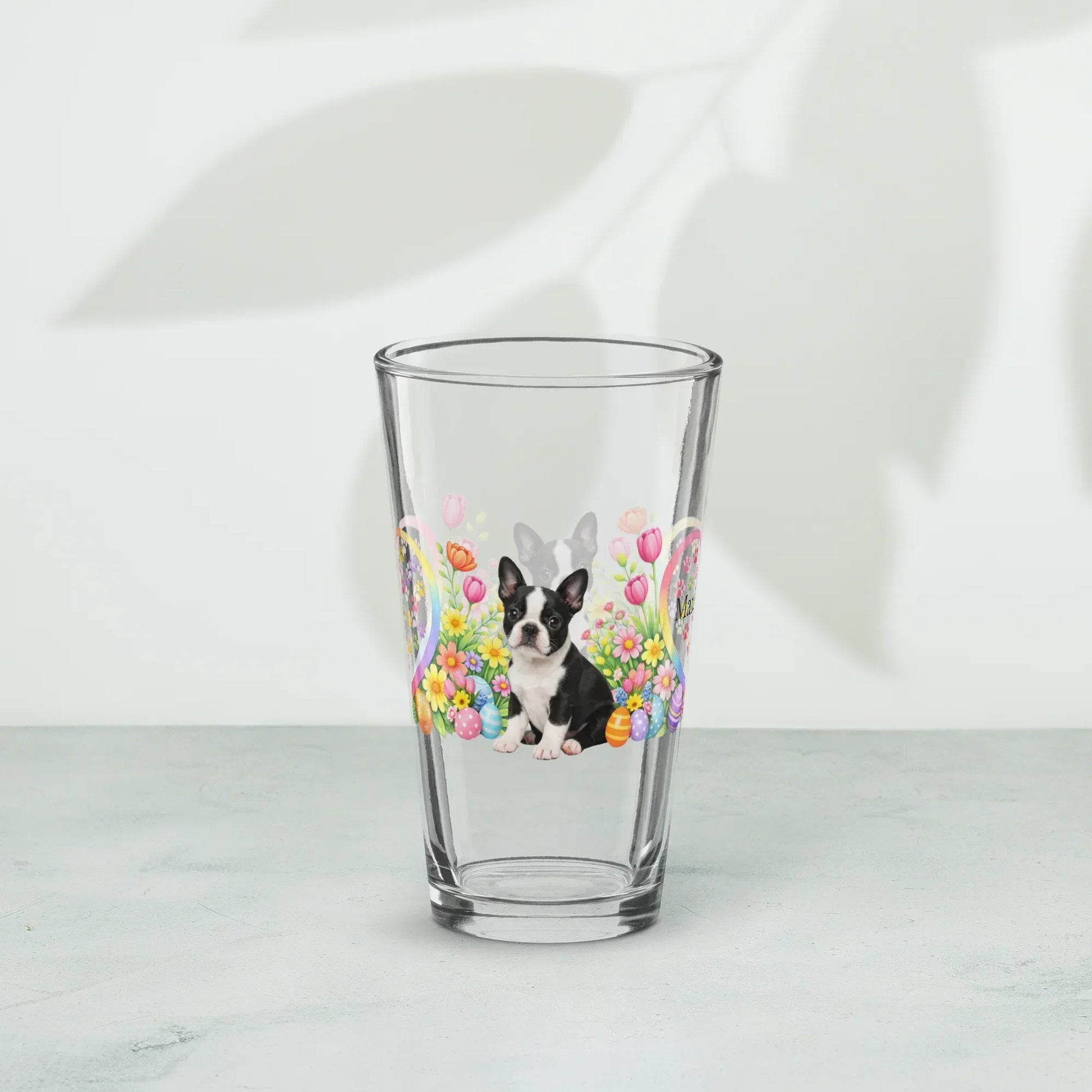 Shop our premium boston terrier black and white easter puppy pint glass from MySisterIsASurvivor.