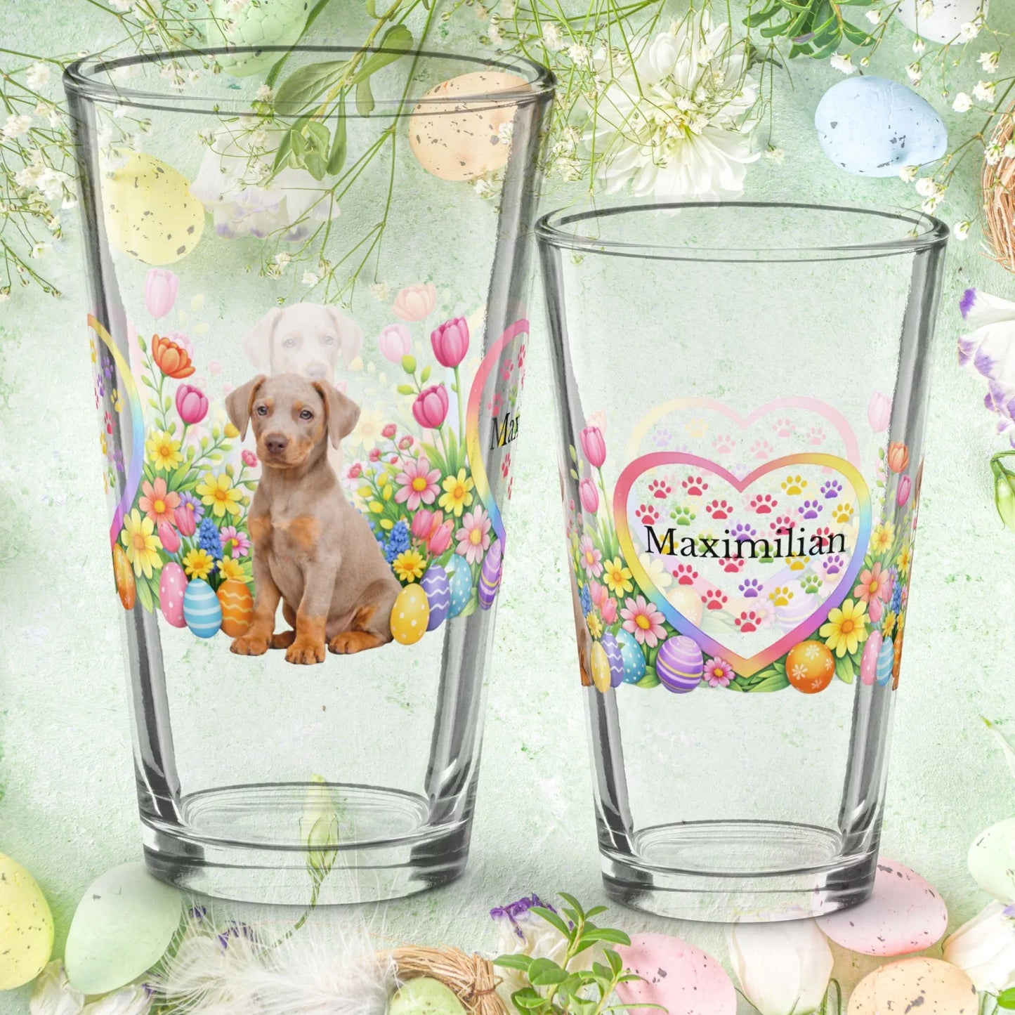 Shop our doberman fawn isabella rust easter puppy pint glass featuring the 16oz style option from MySisterIsASurvivor.