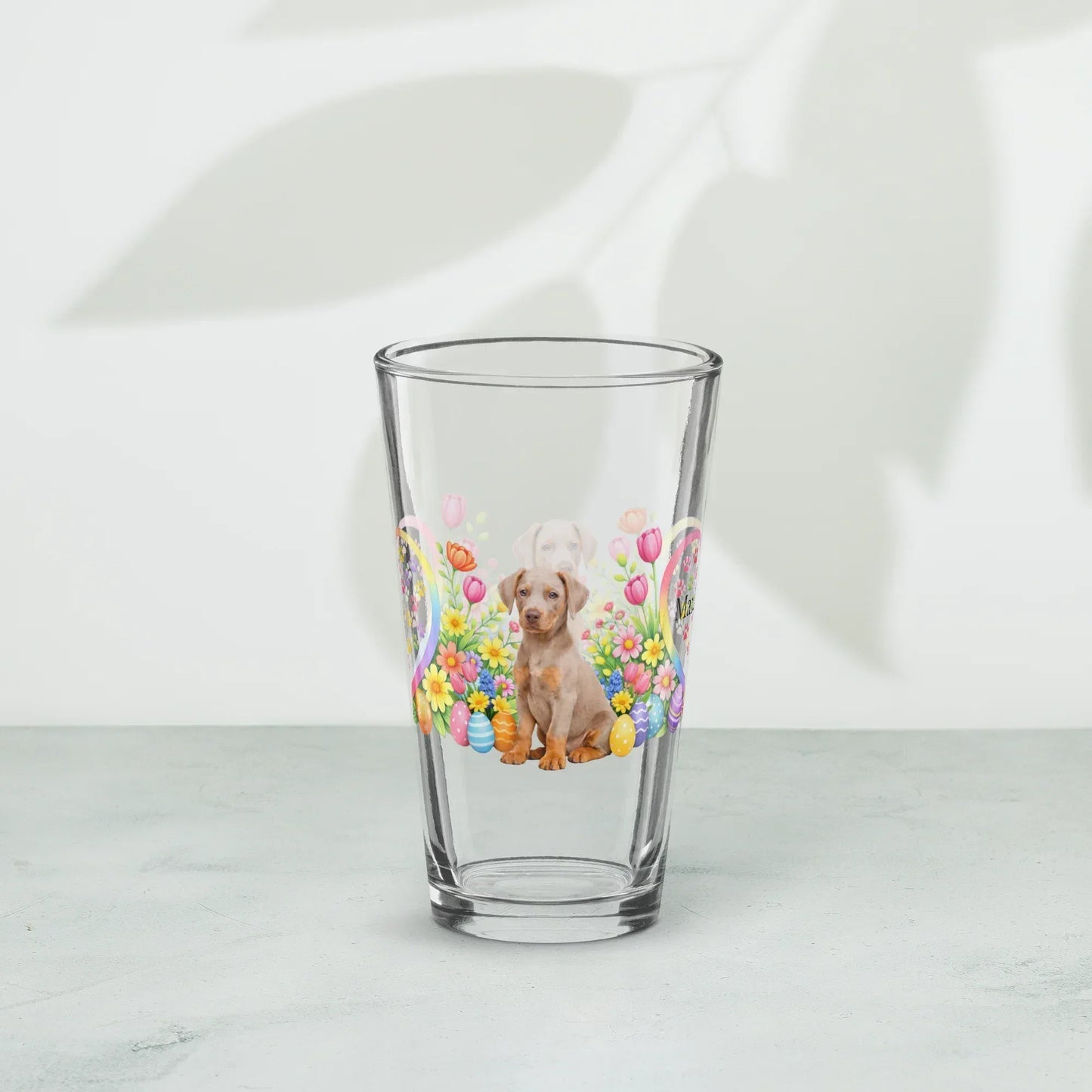 Shop our premium doberman fawn isabella rust easter puppy pint glass from MySisterIsASurvivor.