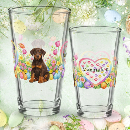 Shop our doberman red rust easter puppy pint glass featuring the 16oz style option from MySisterIsASurvivor.