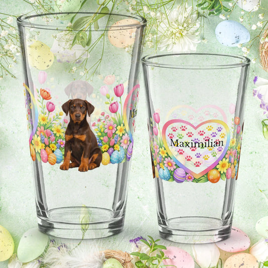 Shop our doberman red rust easter puppy pint glass featuring the 16oz style option from MySisterIsASurvivor.