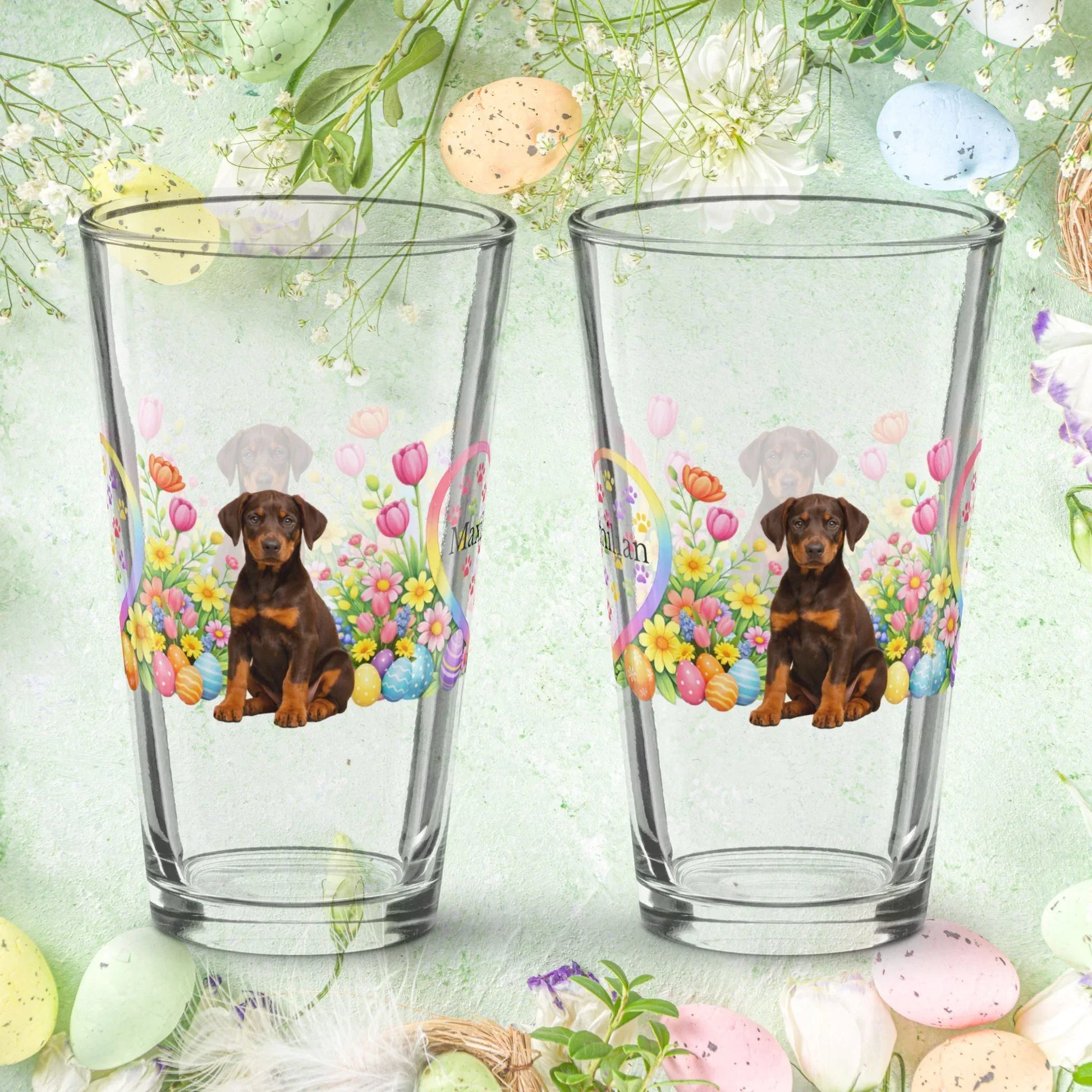 Shop our premium doberman red rust easter puppy pint glass from MySisterIsASurvivor.