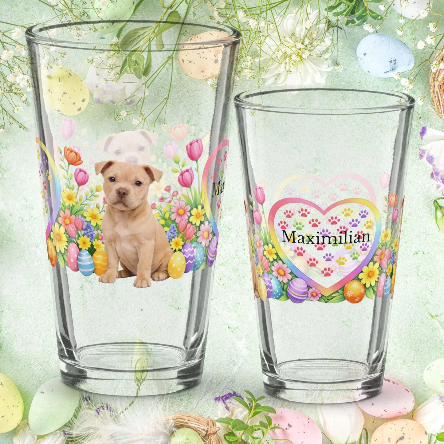 Shop our pitbull fawn easter puppy pint glass featuring the 16oz style option from MySisterIsASurvivor.