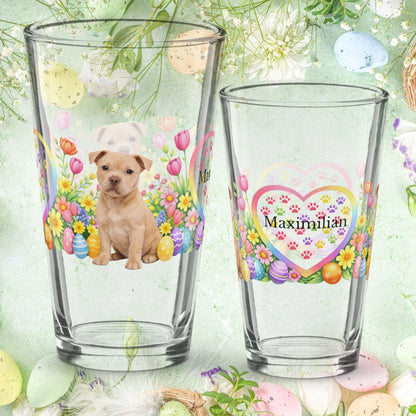 Shop our pitbull fawn easter puppy pint glass featuring the 16oz style option from MySisterIsASurvivor.