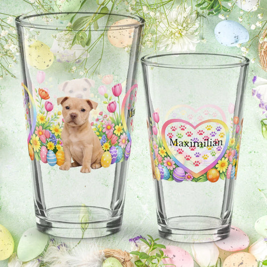 Shop our pitbull fawn easter puppy pint glass featuring the 16oz style option from MySisterIsASurvivor.