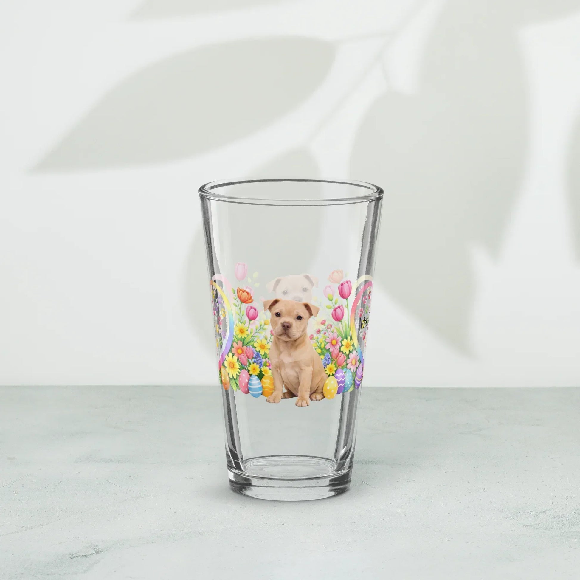 Shop our premium pitbull fawn easter puppy pint glass from MySisterIsASurvivor.
