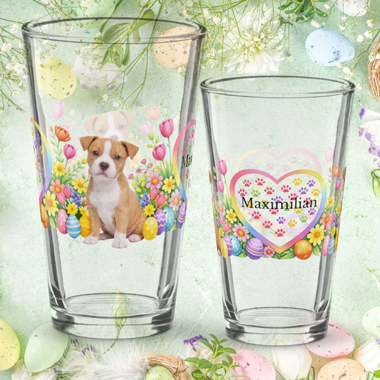 Shop our pitbull fawn white easter puppy pint glass featuring the 16oz style option from MySisterIsASurvivor.