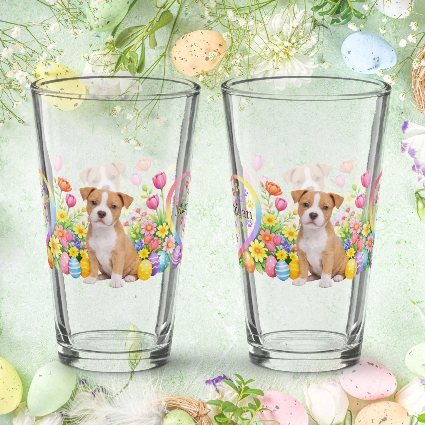 Shop our premium pitbull fawn white easter puppy pint glass from MySisterIsASurvivor.