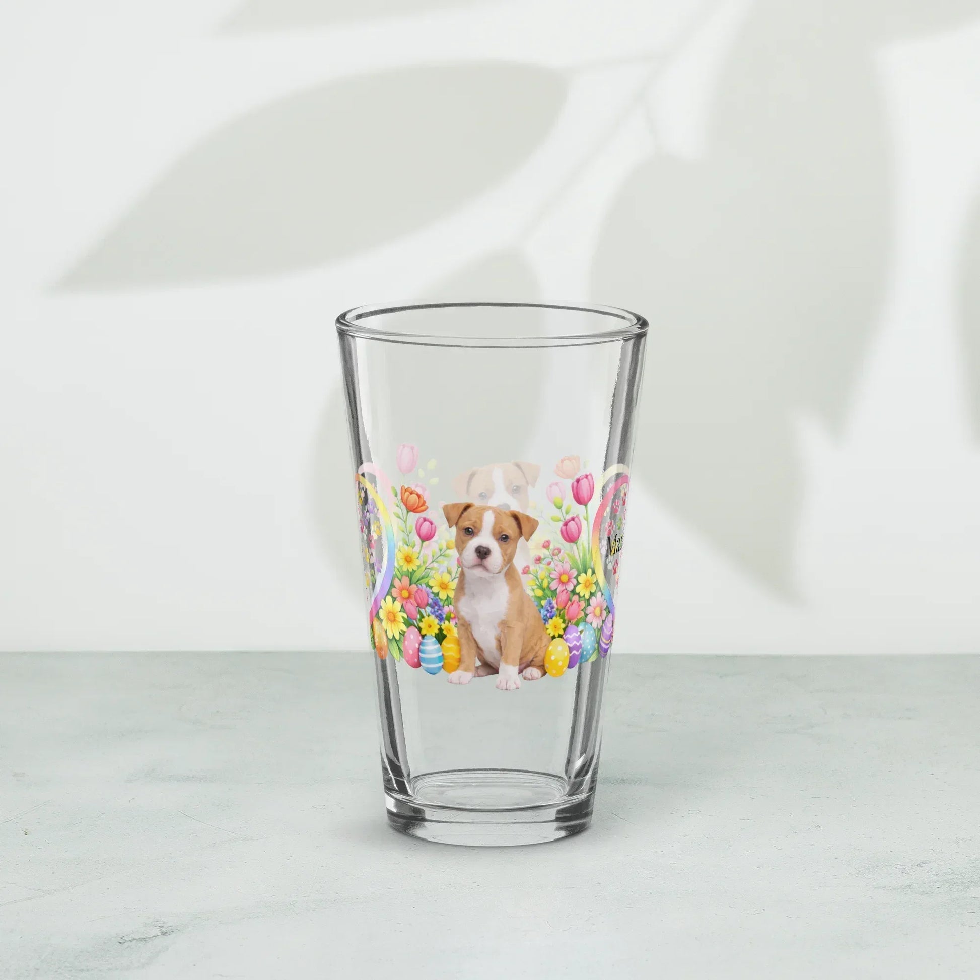 Shop our premium pitbull fawn white easter puppy pint glass from MySisterIsASurvivor.