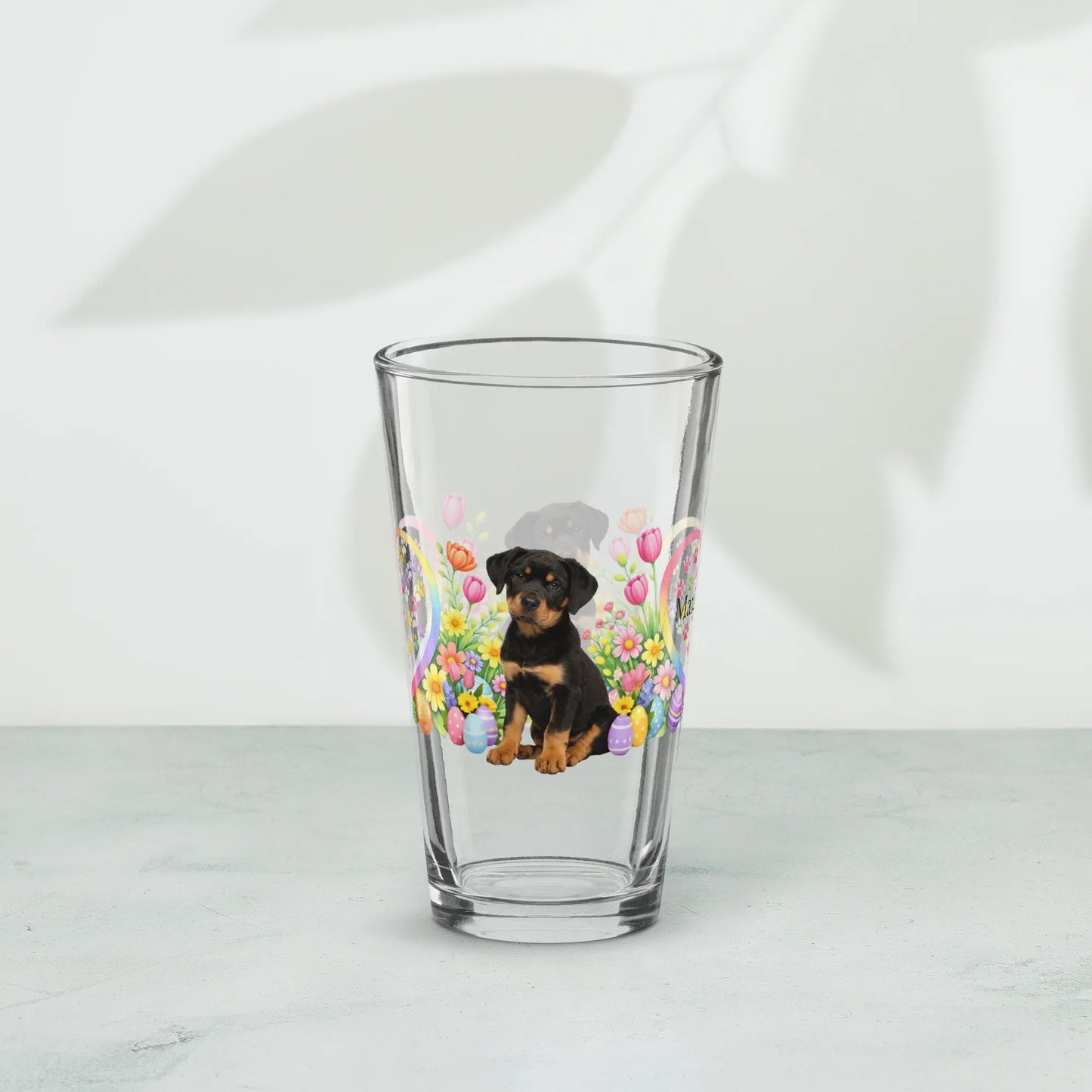 Shop our premium rottweiler black mahogany easter puppy pint glass from MySisterIsASurvivor.