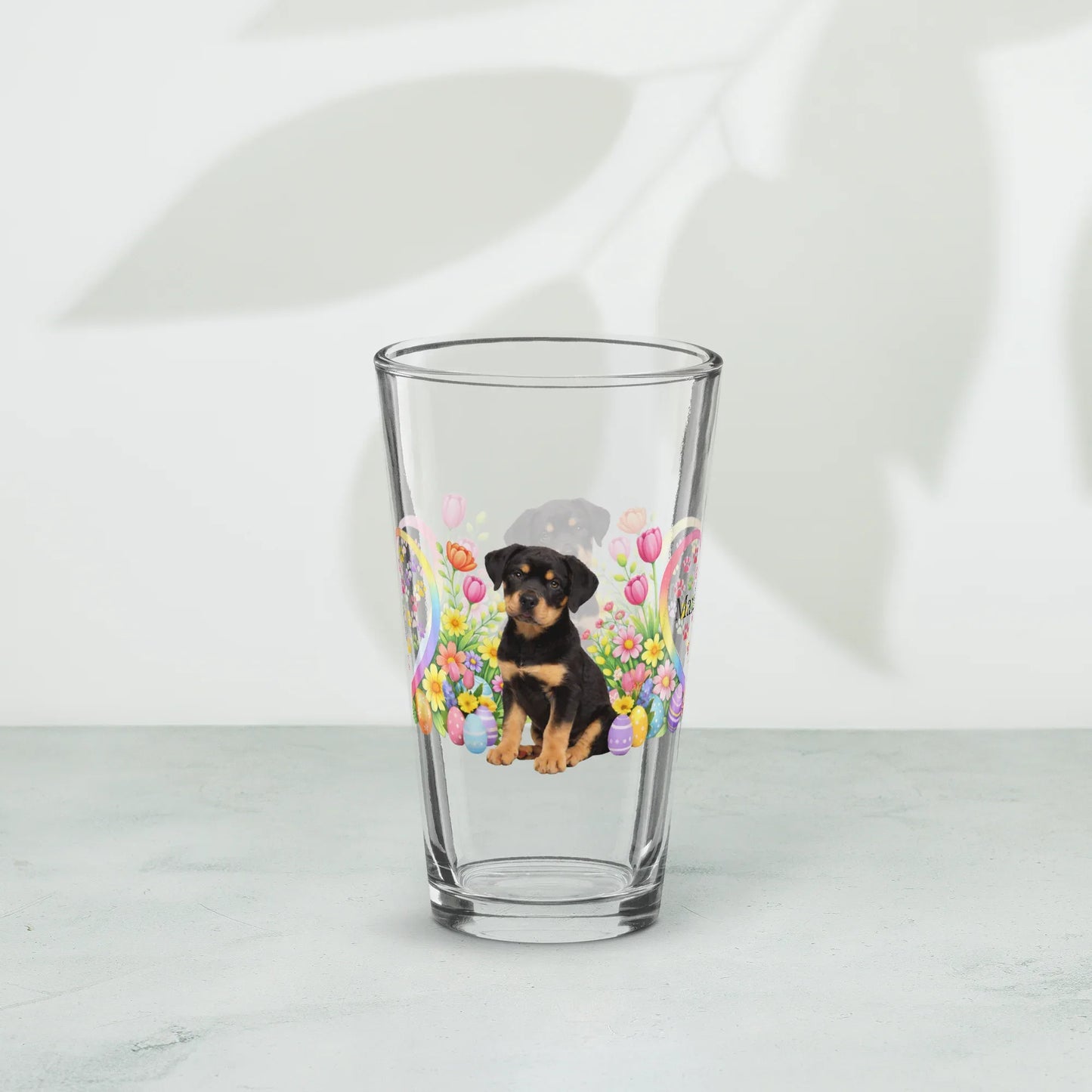 Shop our premium rottweiler black tan easter puppy pint glass from MySisterIsASurvivor.